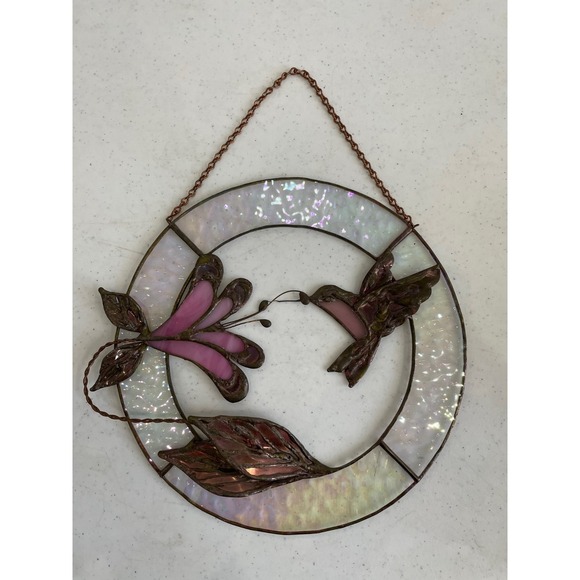 Vtg Stained Glass Metal Hummingbird Floral Suncatcher Copper Brass 9.25" - Picture 7 of 7
